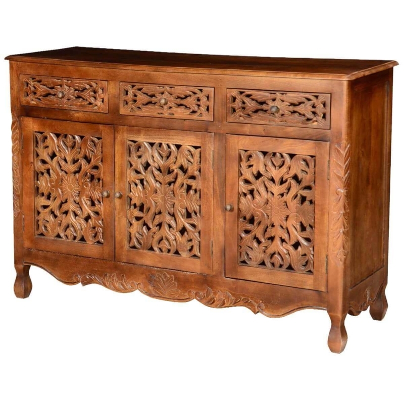 Buffet Cabinet Rustic Hand Carved Floral Panels with Ring Pulls