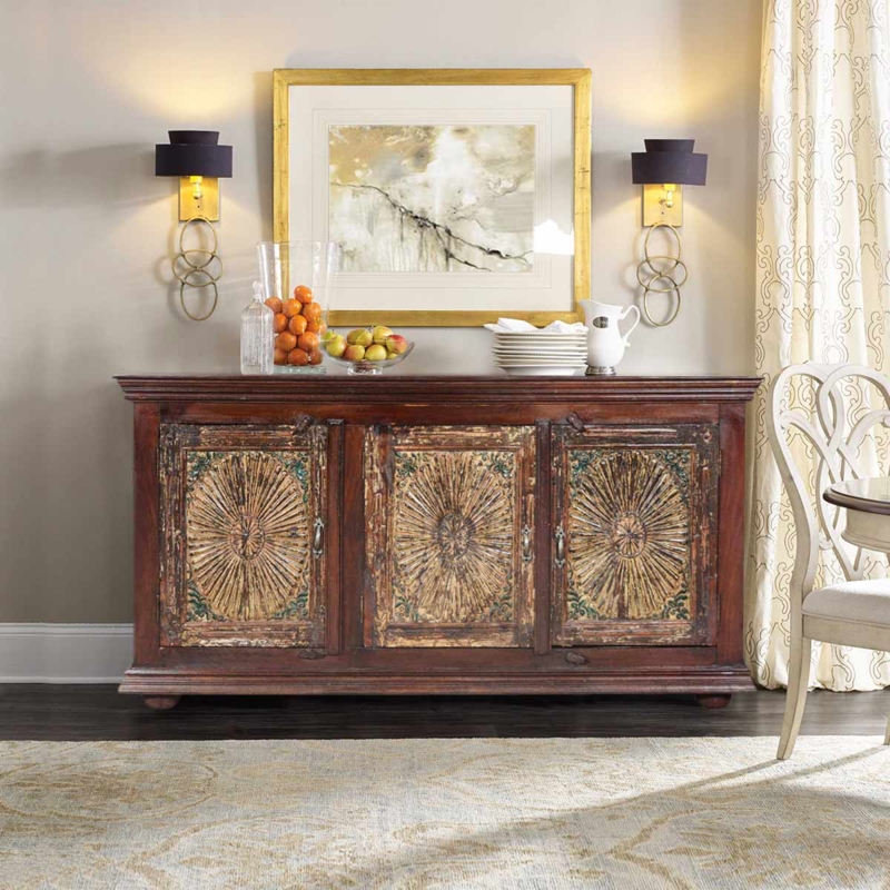 Buffet Cabinet Rustic Sunburst Carving Solid Mango Wood Natural Grain