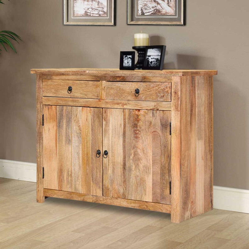 Buffet Cabinet Rustic Wood with Circular Carvings and Block Feet