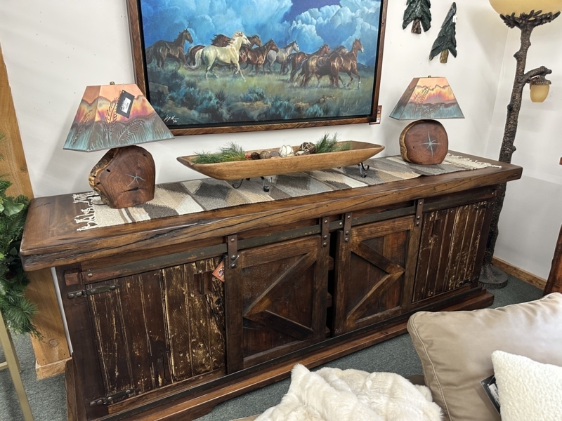 Buffet Cabinet Sliding Glass Doors Three Tier Open Shelves