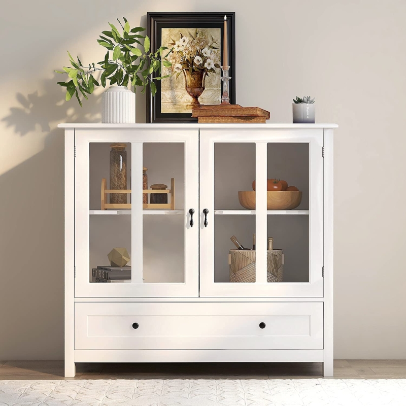 Buffet Cabinet White Glass Doors Gold Bell Handles Entryway Console