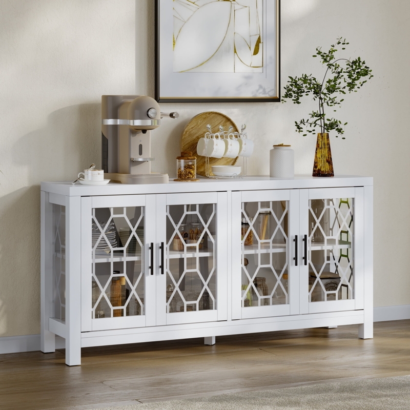 Buffet Cabinet White Lattice Glass Doors Gold Knobs Transitional