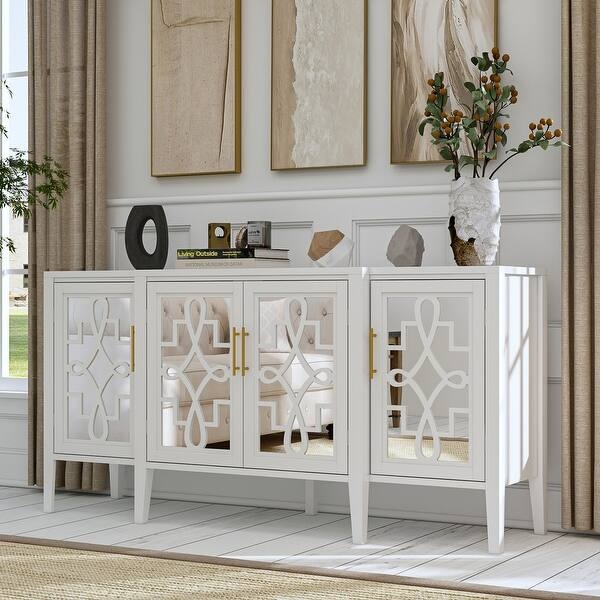 Buffet Cabinet White Reeded Glass Doors Gold Metal Base Glam Dining