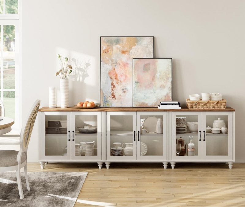 Buffet Cabinet White Six Door Glass Farmhouse Storage Dining Room
