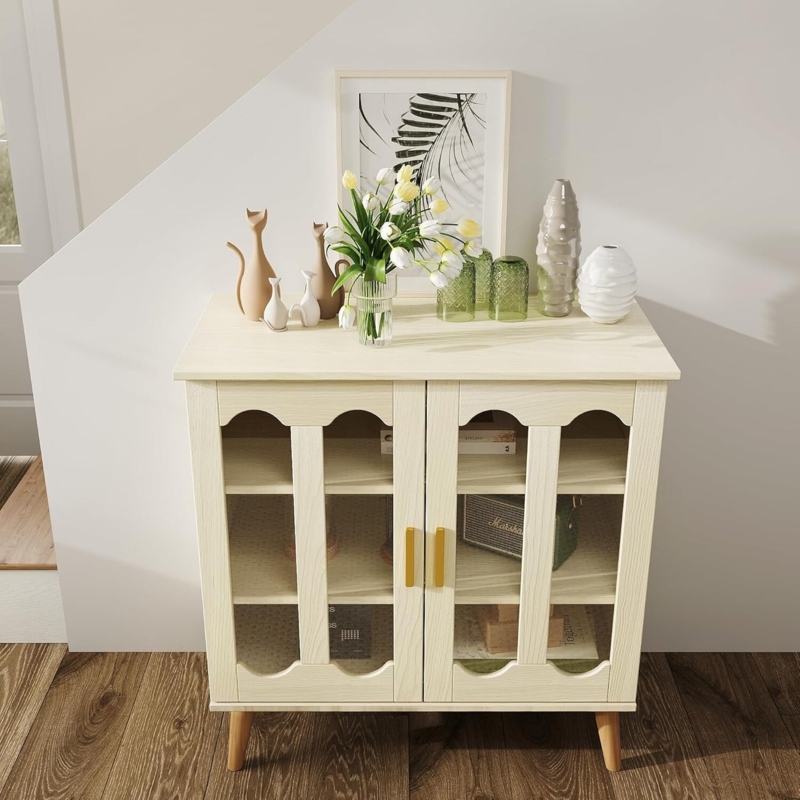 Buffet Cabinet with Sliding Slatted Doors, Minimalist Light Wood Style