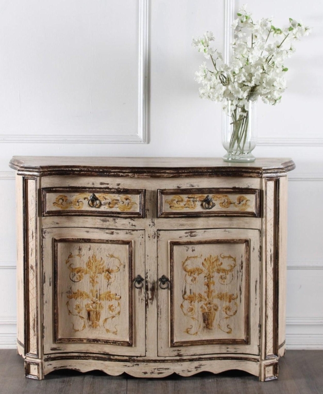 Buffet Curved Silhouette Scrollwork Doors Distressed Cream Finish