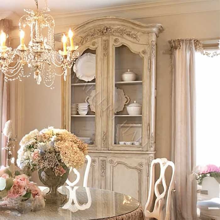 Buffet Hutch Arched Mullion Doors Distressed Parchment Rosette Carvings