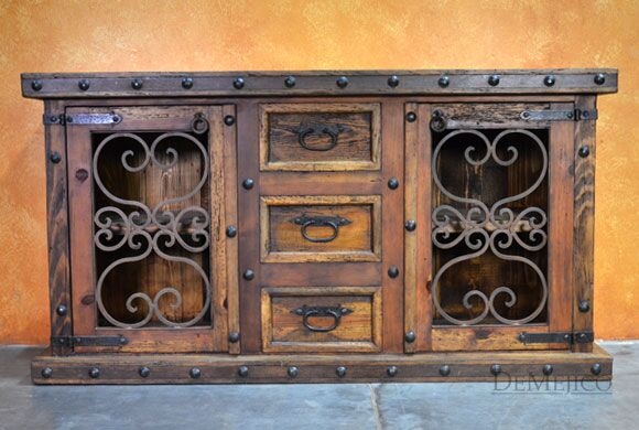 Buffet Hutch Spanish Style Iron Scrollwork Distressed Walnut