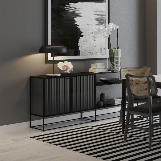 Buffet in Matte Black Metal with Parsons Legs and Ridged Glass Doors
