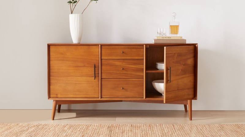 Buffet in Warm Wood: Mid-Century Modern Brass Hardware & Drawers