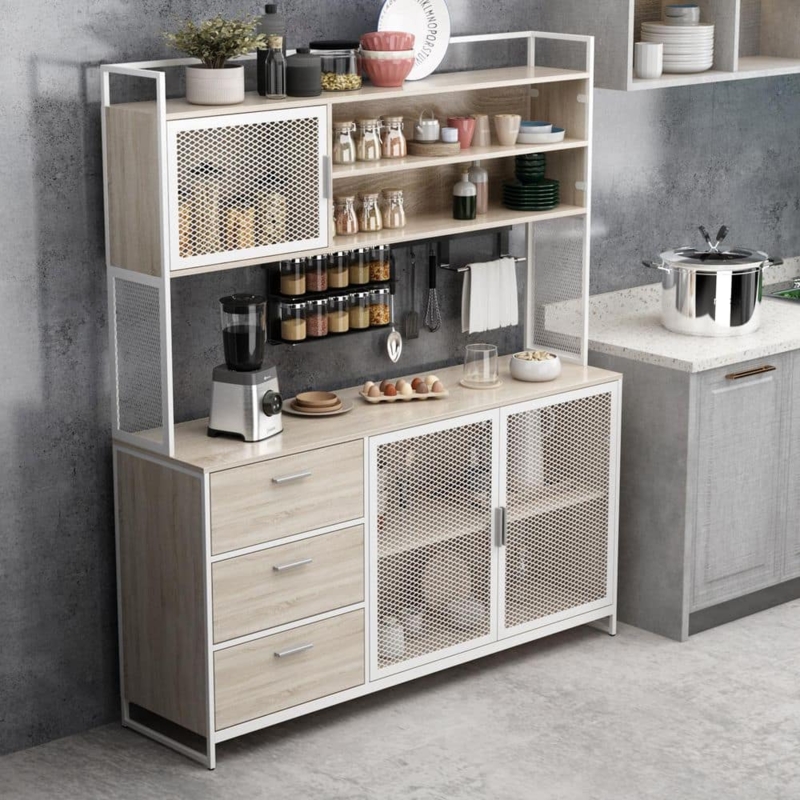 Buffet Metal Mesh Doors Triple Central Drawers Wood Tone Farmhouse