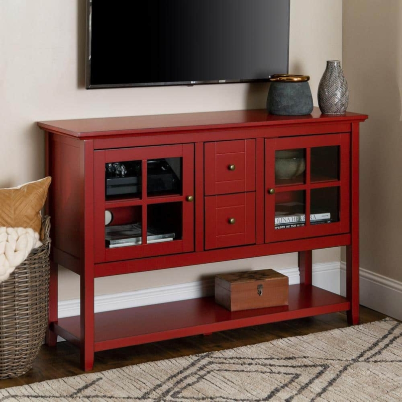 Buffet Sideboard Antique Red Dining Room Glass Muntin Doors