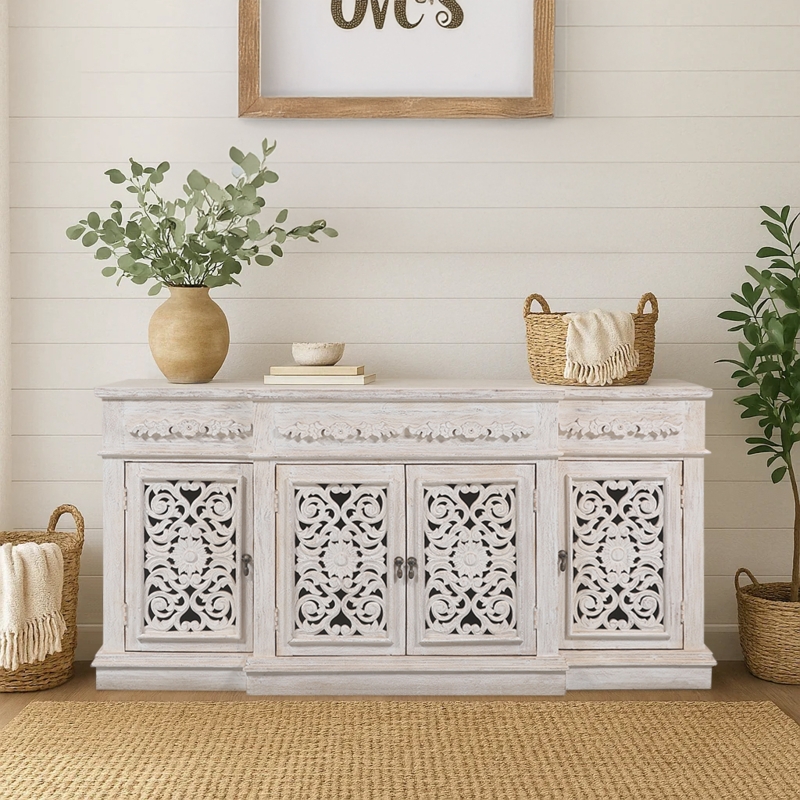 Buffet Sideboard Farmhouse Heavily Distressed Whitewash Dark Top