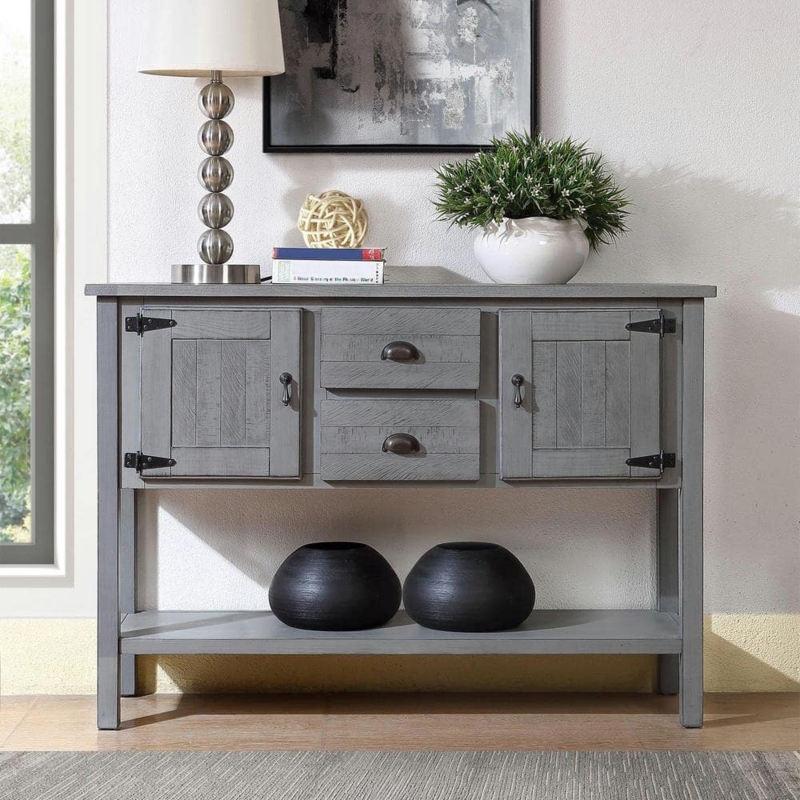 Buffet Sideboard in Antique Gray with Mesh Front Doors and Open Shelf