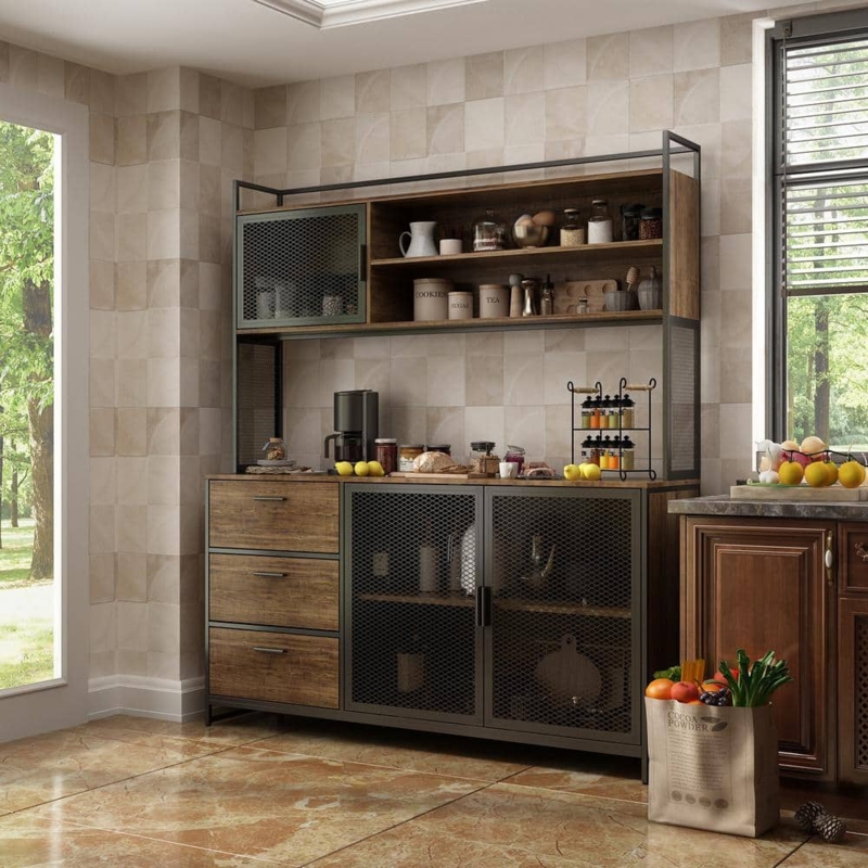 Buffet Sideboard Industrial Wood Metal Mesh Doors Open Bottom Shelf