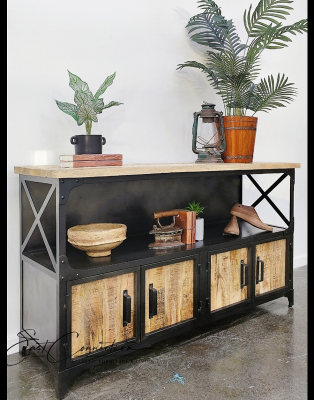 Buffet Sideboard with Metal Mesh Shelf, Bracket Style Legs, Rustic Wood
