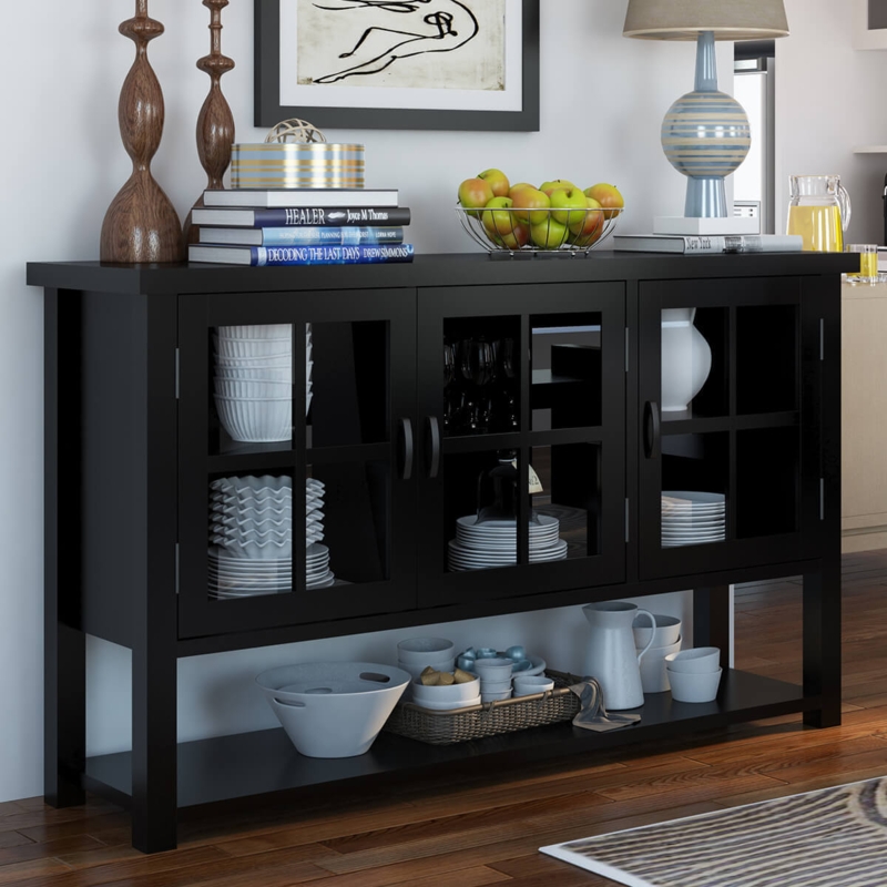 Buffet Table Rustic Dark Wood X Brace Glass Doors Farmhouse Storage
