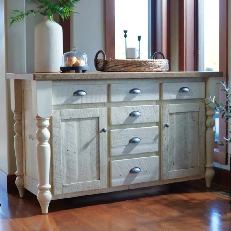 Buffet White Farmhouse Buffet With Wood Top and Multi Compartment Storage