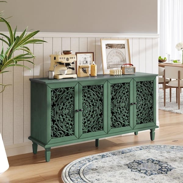 Buffet with Carvings Boho Style Storage Antique Finish Wood Legs