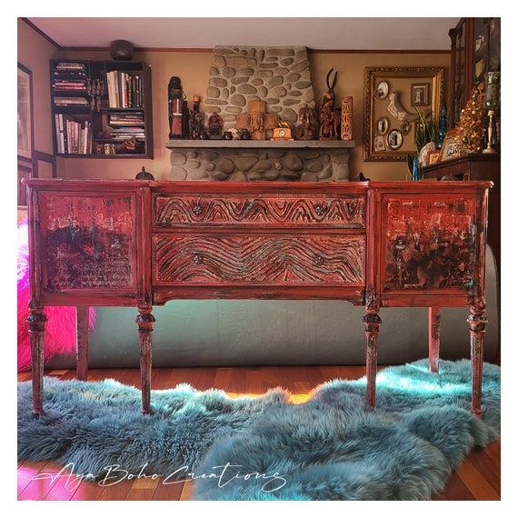 Buffet with Eclectic Dining Room Storage and Hand Painted Floral Pattern