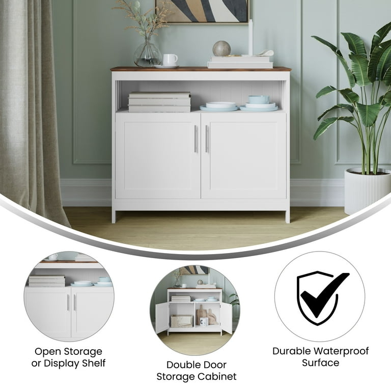 Buffet with Open Shelf, White and Walnut Finish, Shaker Style Doors