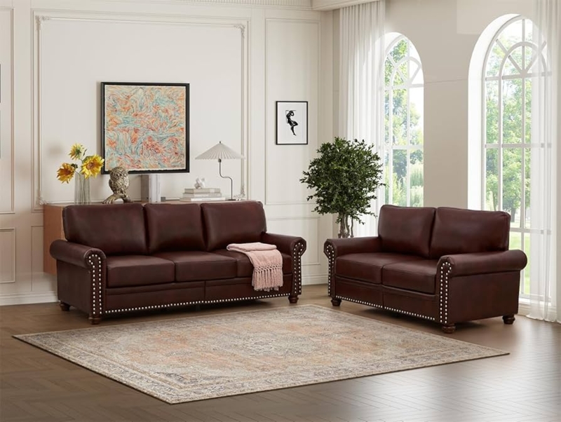 Burgundy Faux Leather Living Room Set with Rolled Arms