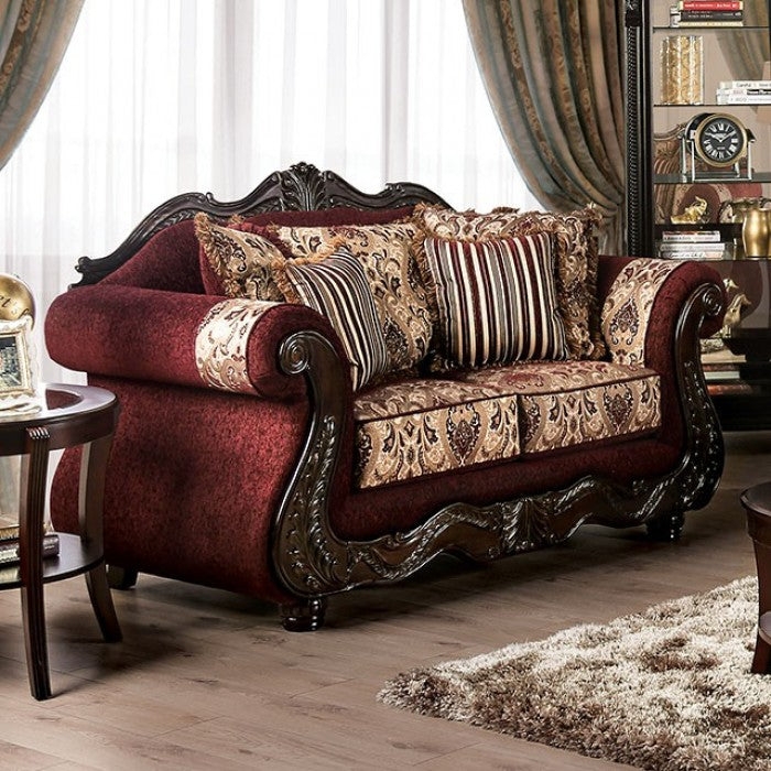 Burgundy Sofa Set with Lion Foot Carvings