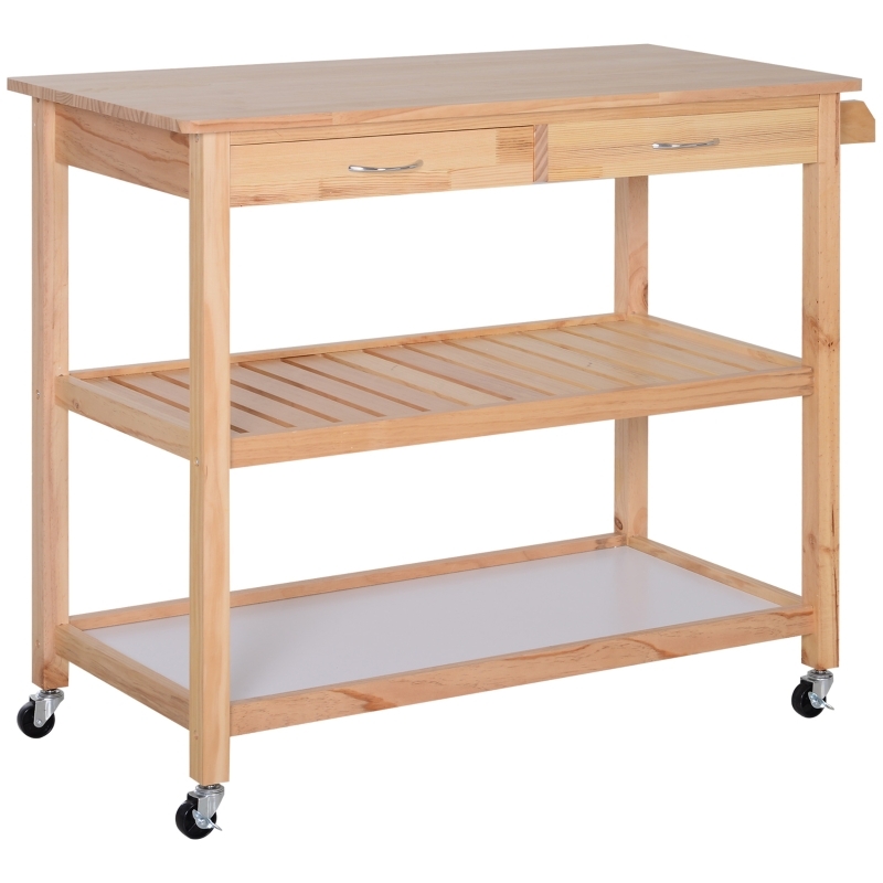 Burlywood Rolling Kitchen Cart with Dual Drawers and 3-Tier Shelves
