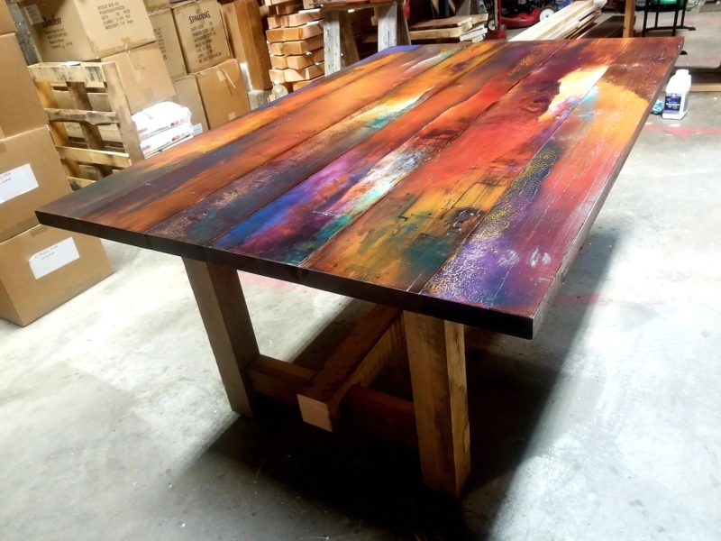 Burnt Orange Farmhouse Dining Table with Distressed Plank Top