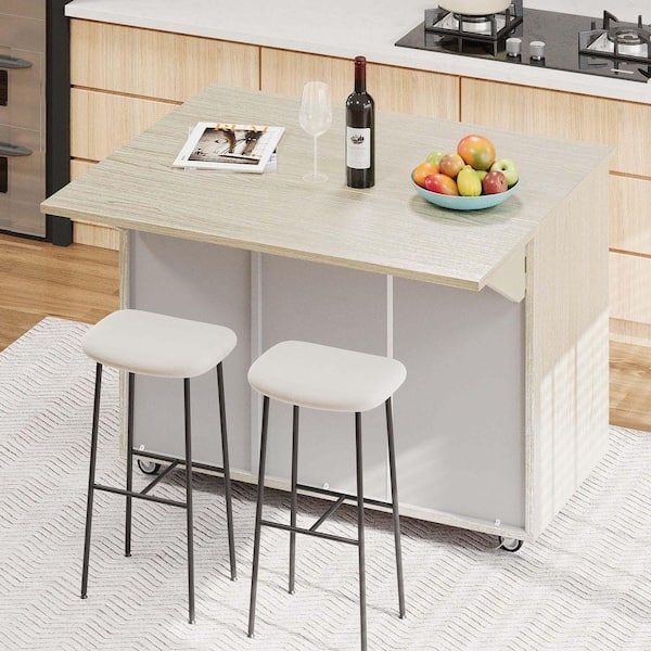Buttery Yellow Kitchen Island Cart with Drop Leaf Top & Open Shelf
