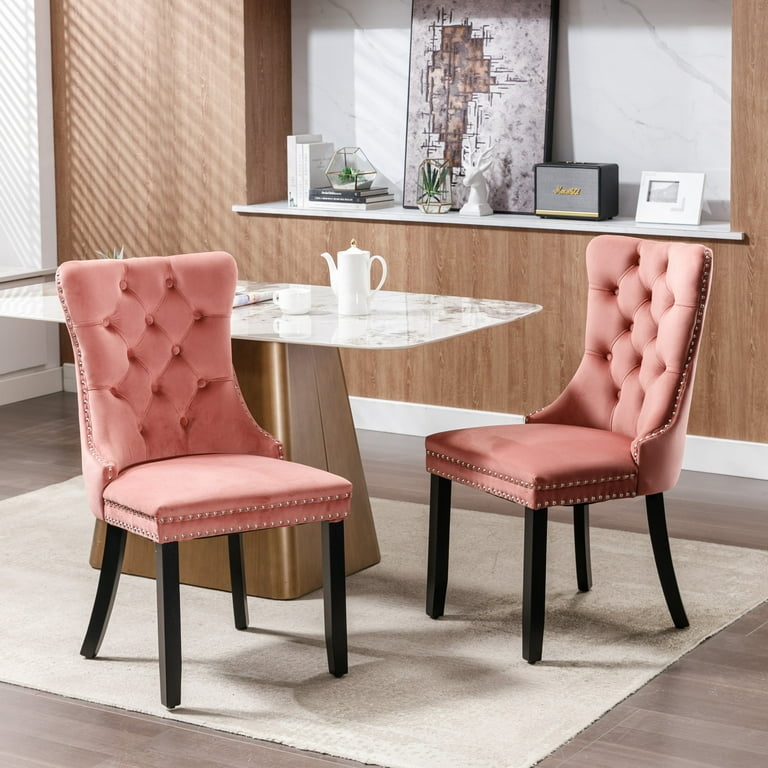 Button Tufted Dining Chairs with Nailhead Trim Dusty Pink