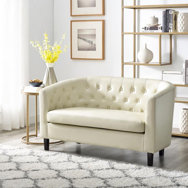 Button Tufted Loveseat in Faux Leather with Tapered Legs