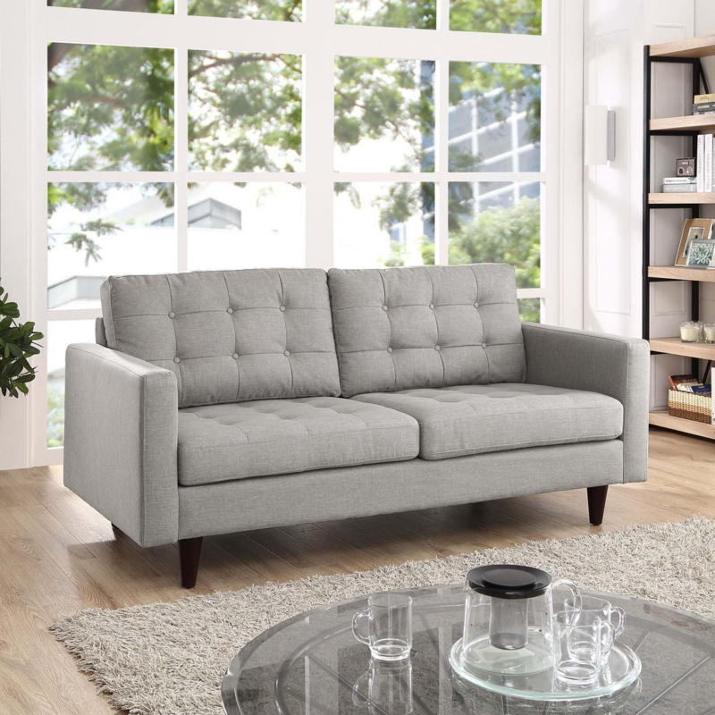 Button Tufted Loveseat with Splayed Legs, Mid Century Modern Gray