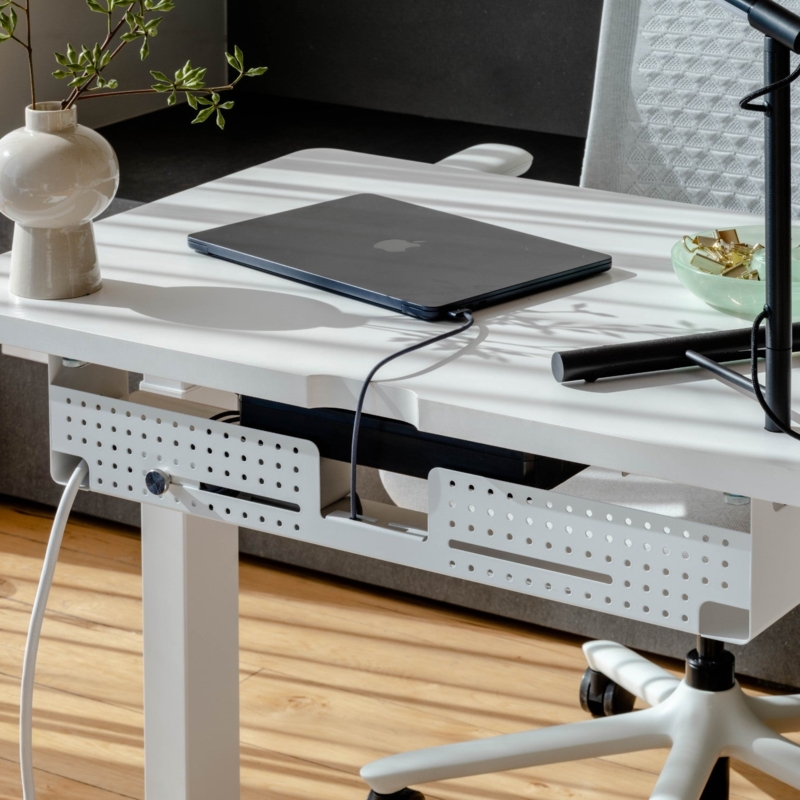 Cable Management Tray Perforated Metal Under Desk Mount Matte White