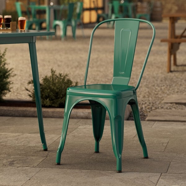 Cafe Chair Emerald Green Metal Vertical Slat Back Drain Hole Seat