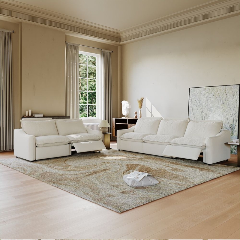Camel Leather Reclining Sofa with Pillow Back and Power Controls