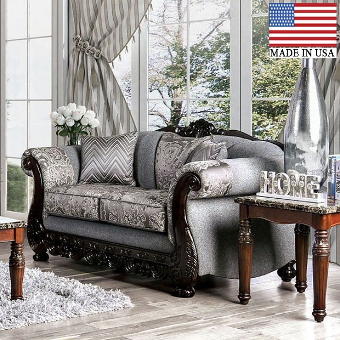 Camelback Loveseat in Grey with Nailhead Trim