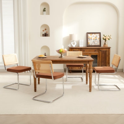 Cane Back Dining Chair Light Wood Frame Cream Upholstered Seat Arched