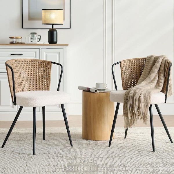 Cane Back Dining Chairs Boho Beige Upholstered Seat Black Frame