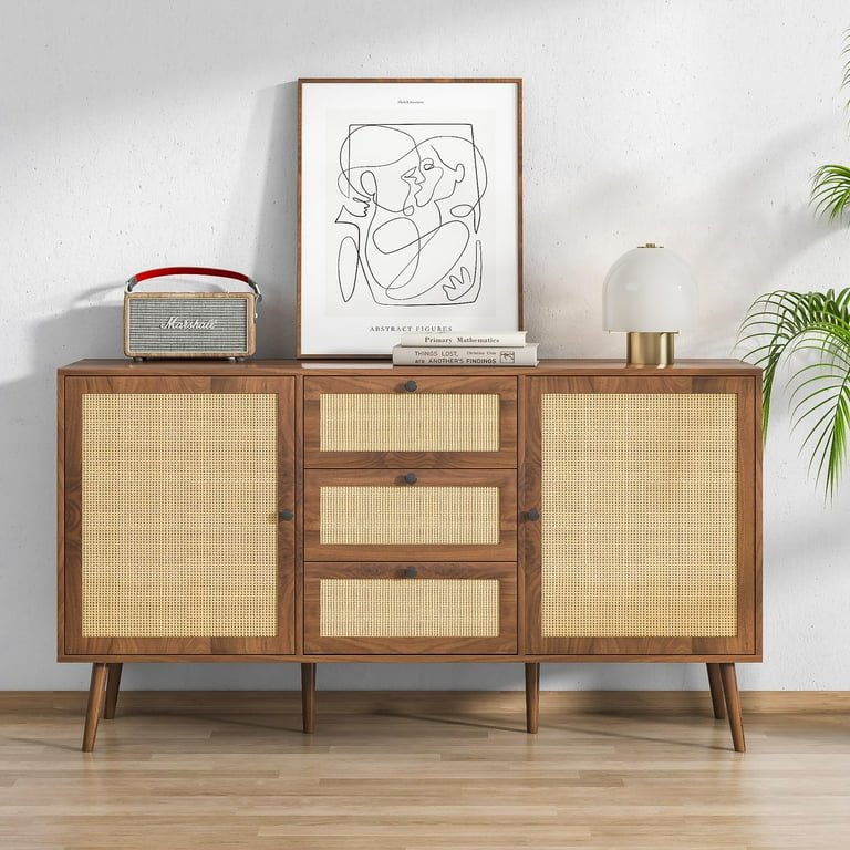 Cane Door Sideboard Storage with Three Drawers and Rattan Insets
