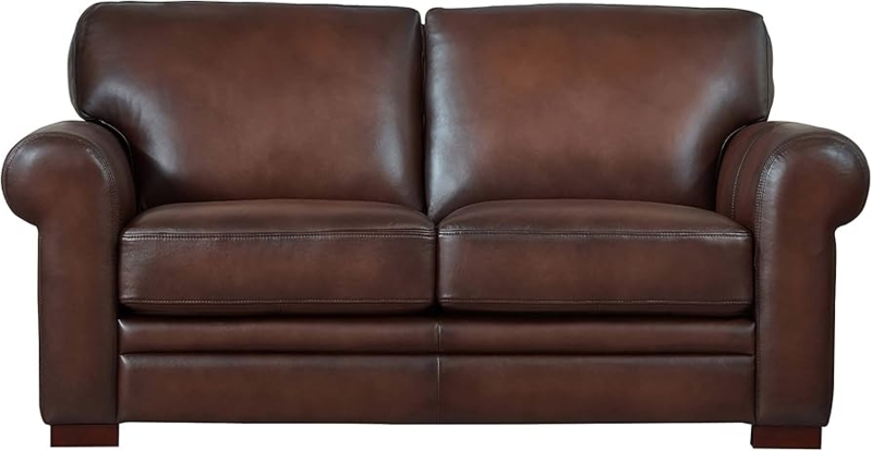 Caramel Loveseat, Rolled Arms, Nailhead Trim, Traditional Leather Sofa