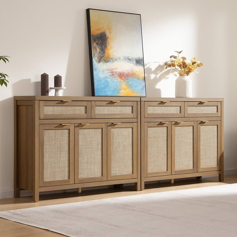 Caramel Oak Sideboard Set with Rattan Doors and Gold Knobs