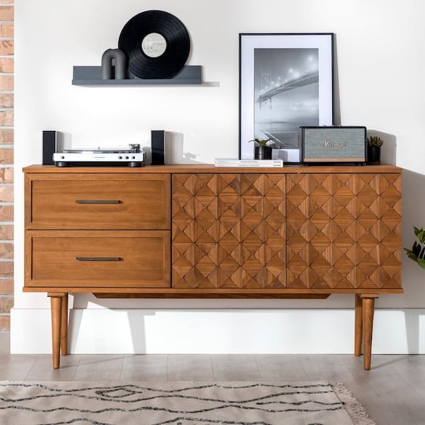 Caramel Wood Sideboard with Geometric Prism Detail Doors