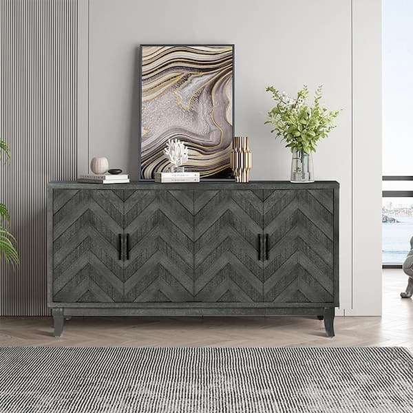 Carved Door Sideboard Antique Gray Finish Circular Motifs Rustic Buffet
