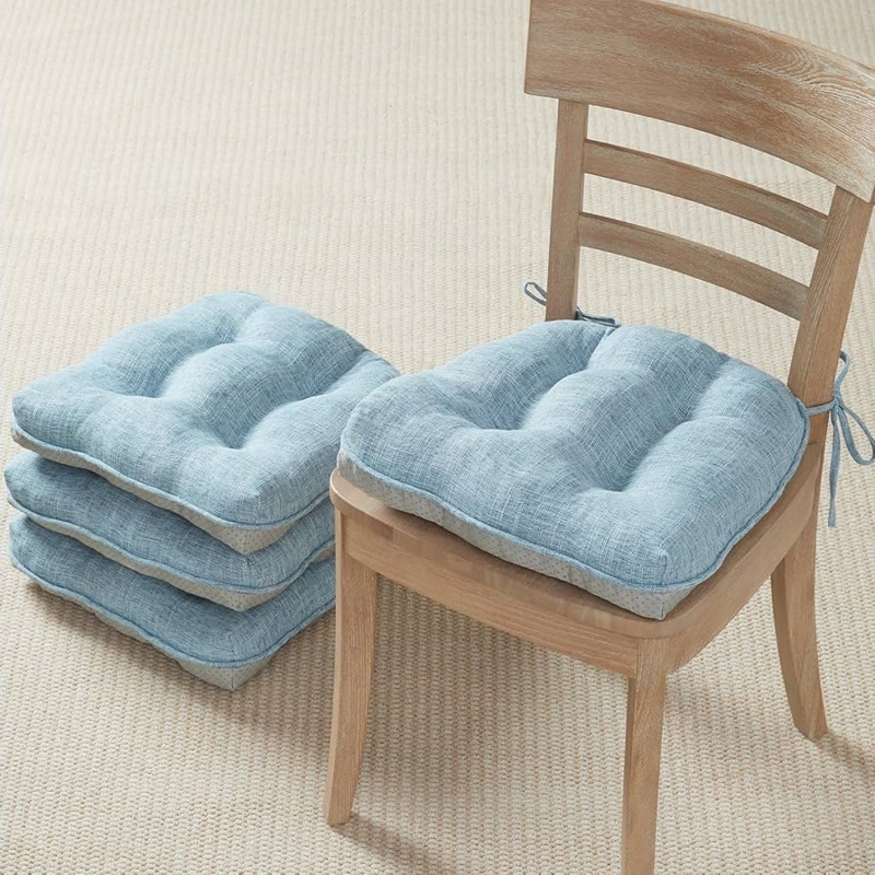 Chair Pad Light Blue Biscuit Tufting with Secure Straps