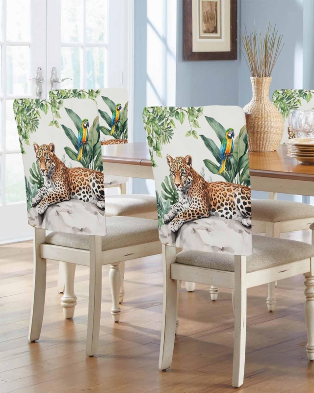 Chair Slipcover Jungle Botanical Motif with Tiger Print and Foliage