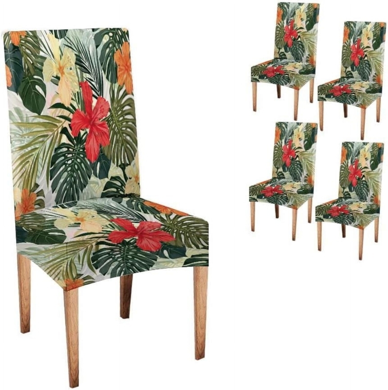 Chair Slipcover Vibrant Hibiscus Print Black Background Stretch Fit