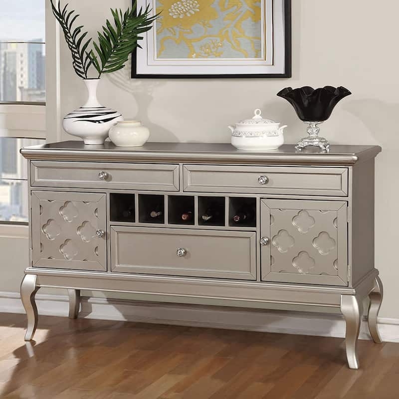 Champagne Finish Sideboard with Mirrored Fretwork Doors and Bun Feet