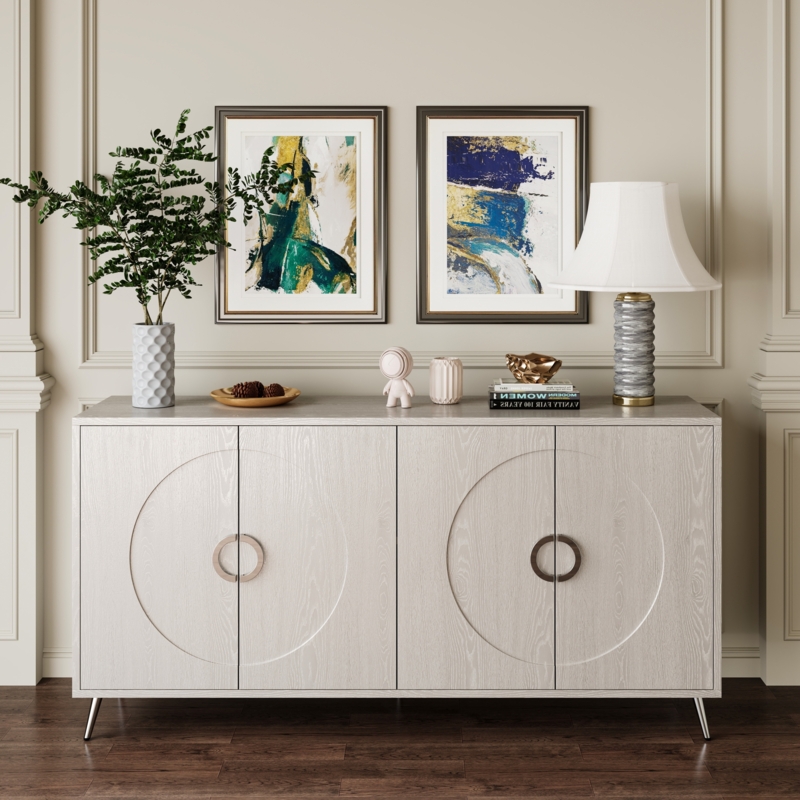 Champagne Sideboard with Faceted Geometric Front and Slender Pulls