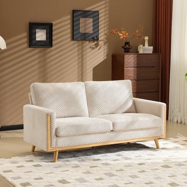 Channel Tufted Backrest Loveseat in Beige Velvet with Wood Legs
